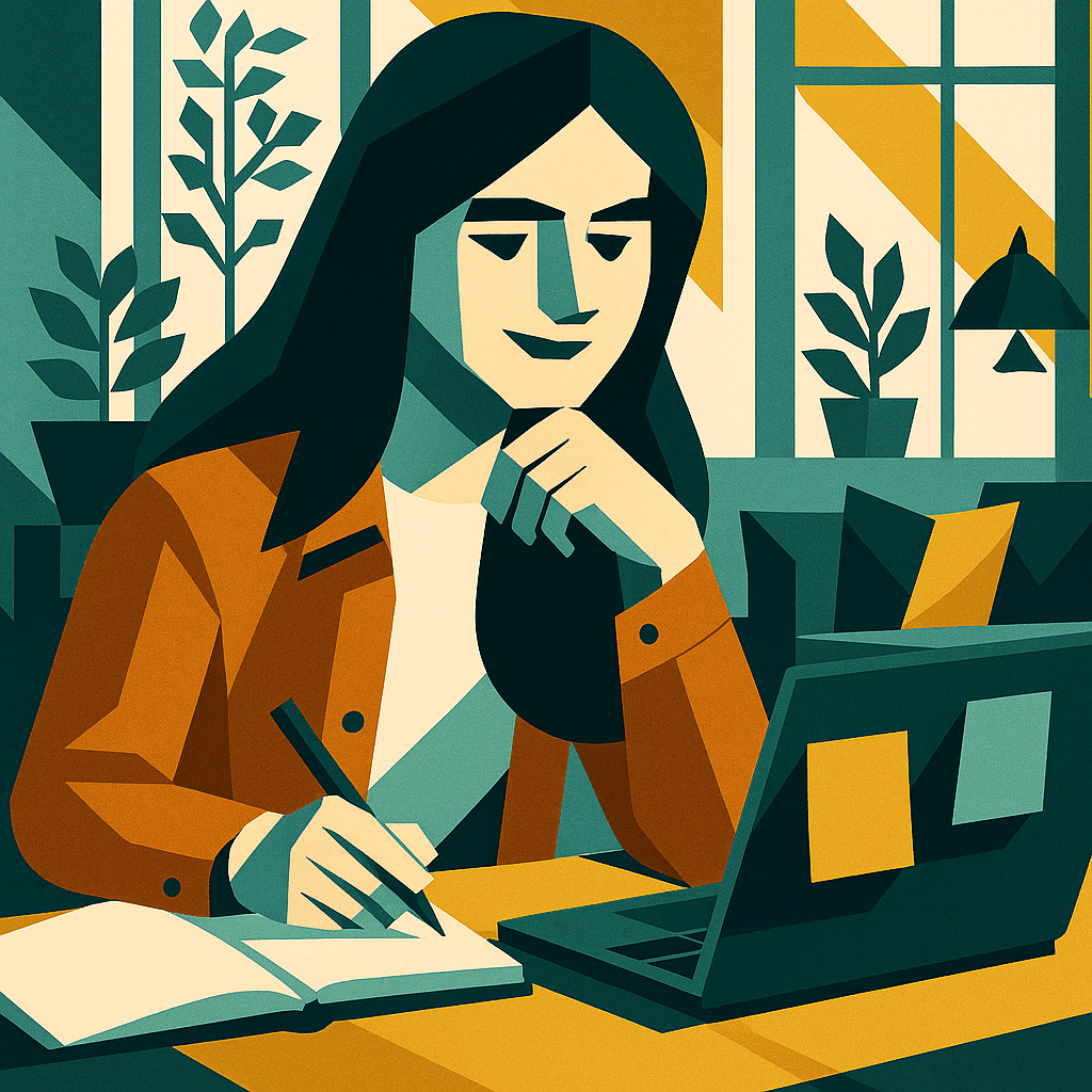 Giovane donna concentrata mentre segue una lezione online, prendendo appunti su un quaderno davanti al laptop con post-it colorati, in un ambiente domestico luminoso.