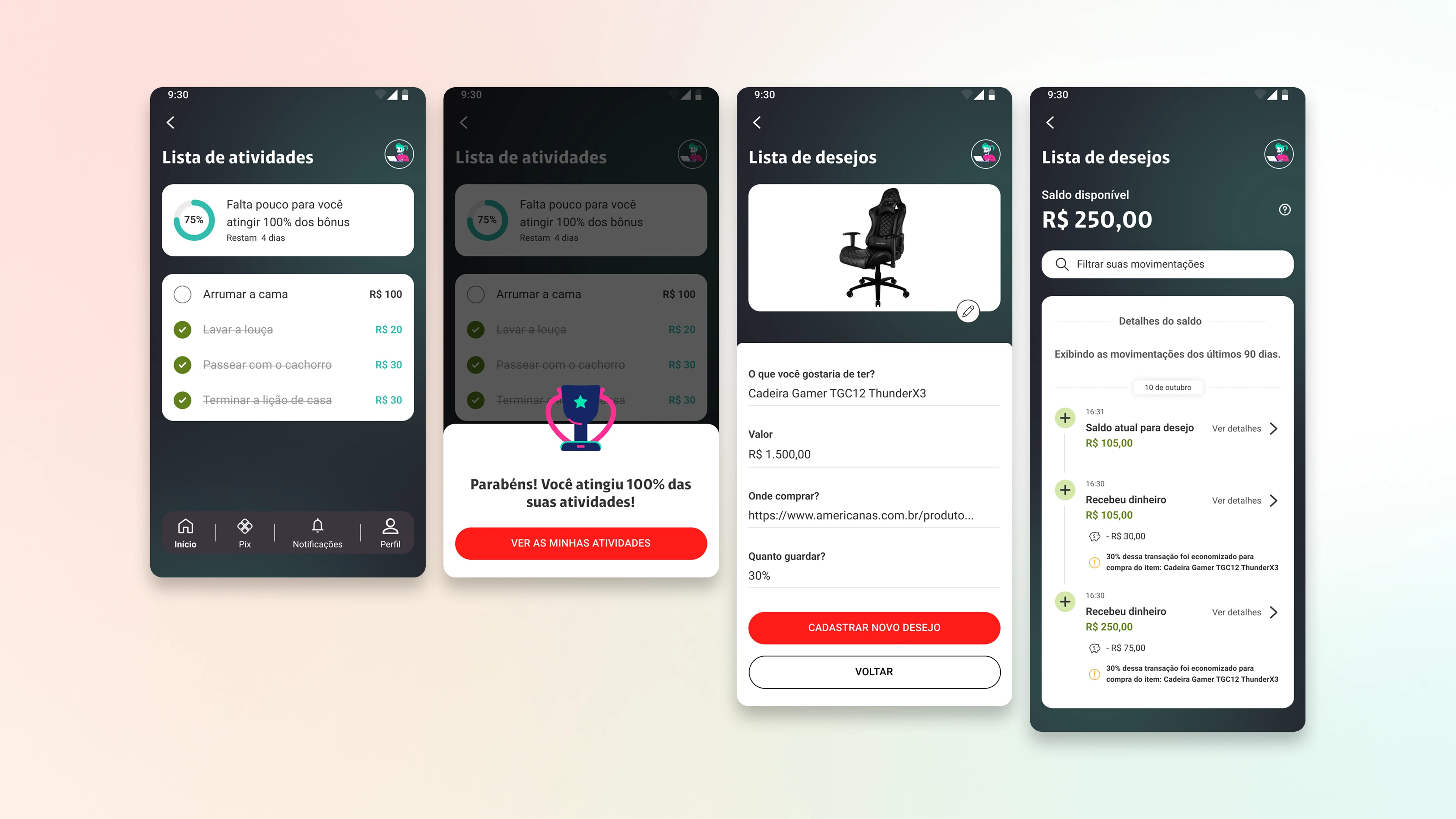 Set of four screens showing detailed carbon footprint analysis. First screen with comparative bar graphs. Second with donut chart showing distribution among regular gasoline, premium, and ethanol. Third displays green highlight with "80% less CO₂ than gasoline" and Ethanol logo. Fourth presents information about the Envira Amazônia project with community photo.