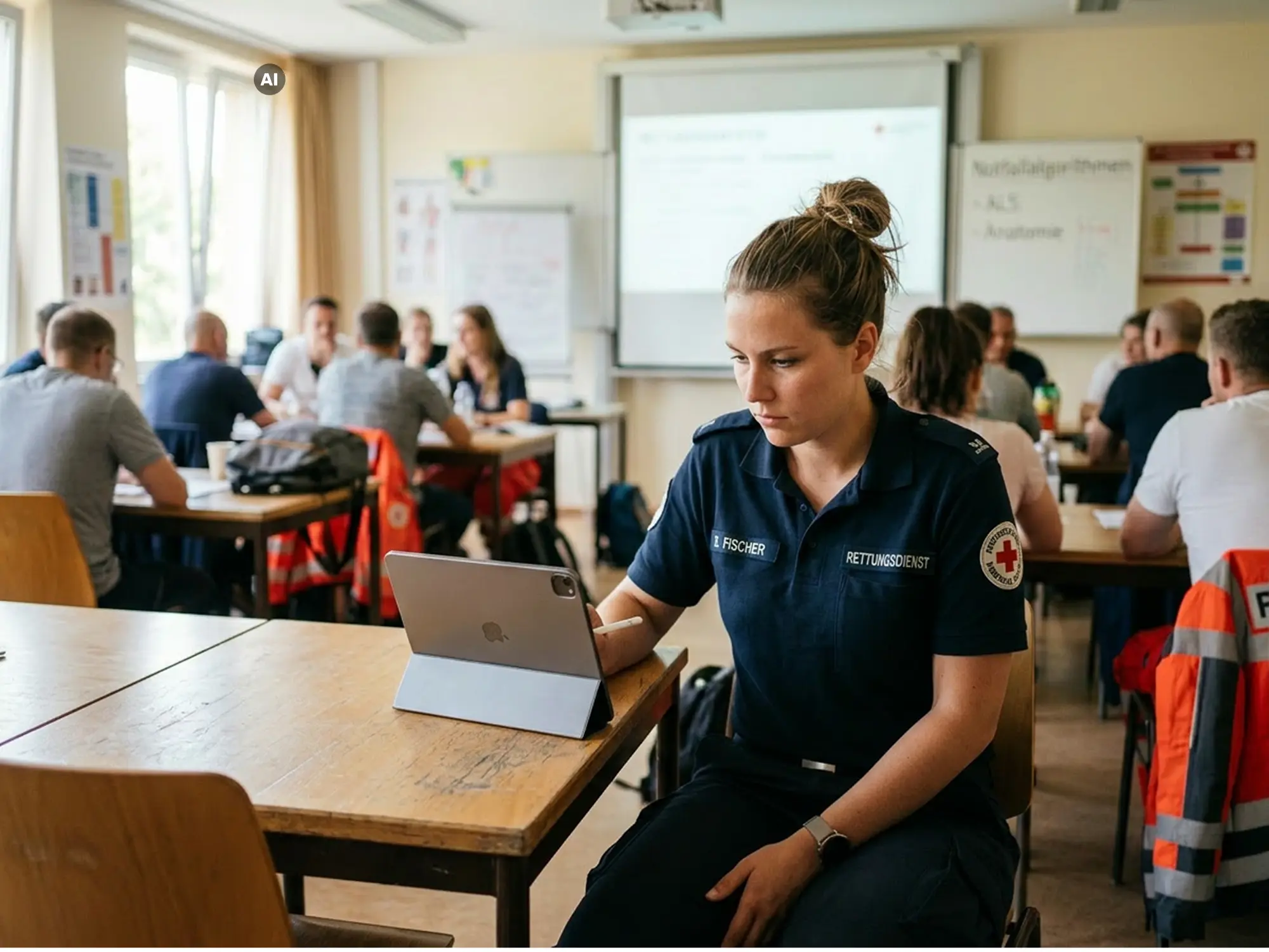 Rettungssanitäterin im Klassenzimmer während Prüfung