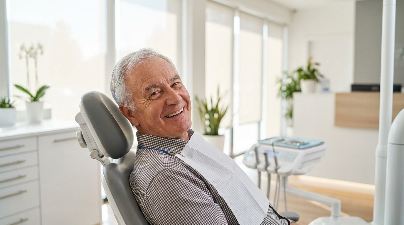 A smiling senior patient sitting comfortably in a modern Smyrna dental clinic chair
