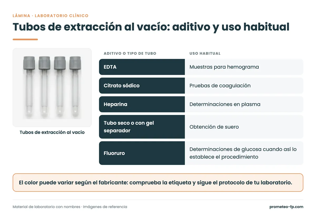 Tubos de extracción de sangre al vacío por aditivo y uso: EDTA, citrato sódico, heparina, tubo seco o con gel y fluoruro