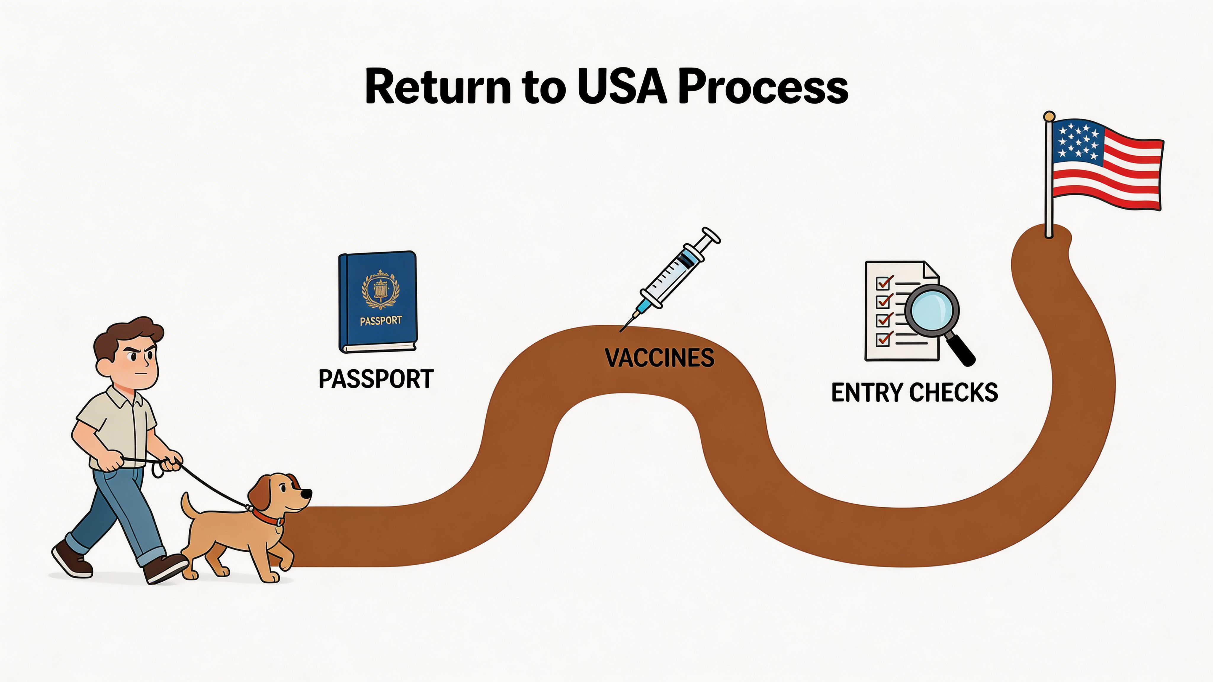 An illustration showing a man with his dog navigating a path representing steps to return to USA.