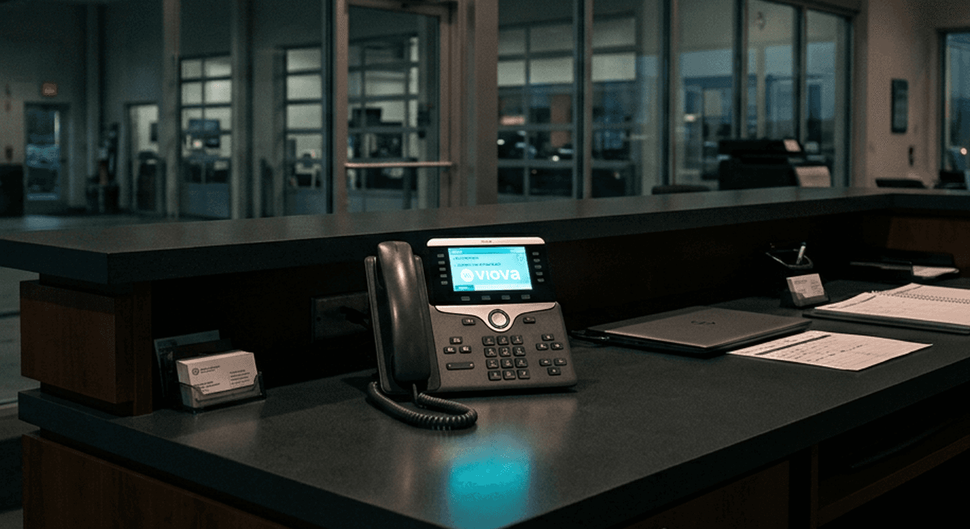 A Viova screen on a deskphone sitting on a dealership front desk after hours with a night scene in the background