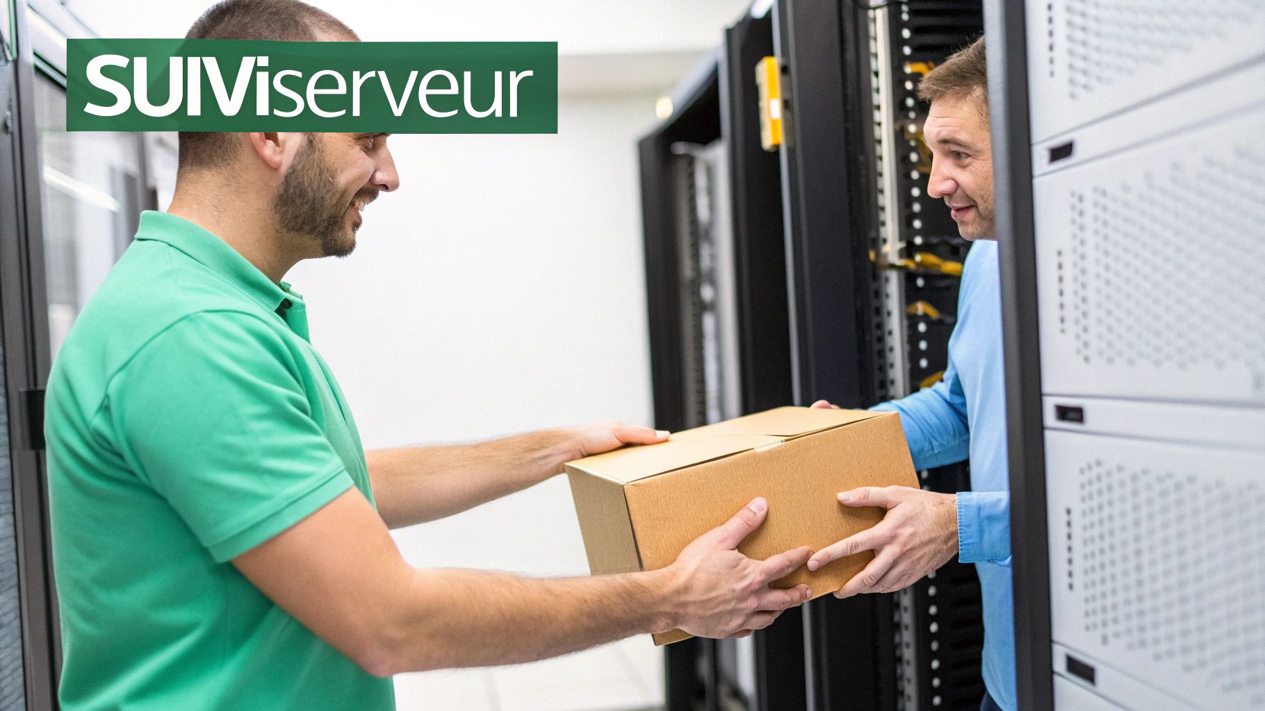 Deux hommes souriants échangent une boîte en carton dans un centre de données, entourés de racks de serveurs.