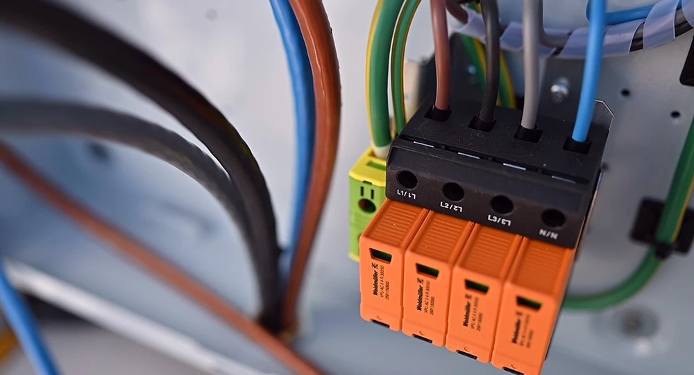 Close-up of electrical components and wiring used in offshore wind installation systems