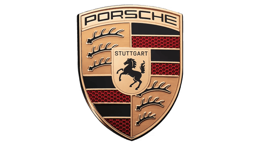 The image shows the Porsche logo, featuring a gold and black crest with a prancing horse in the center, set against a red and black striped background, with the word "Porsche" prominently displayed at the top.