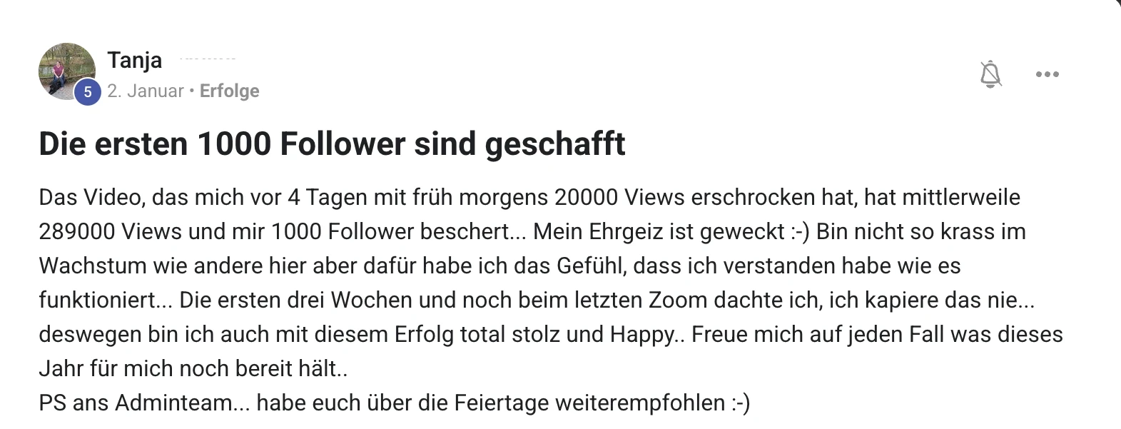 Mitglied der KI Creator Akademie: Tanja erzielt 289.000 Views und ihre ersten 1.000 Follower