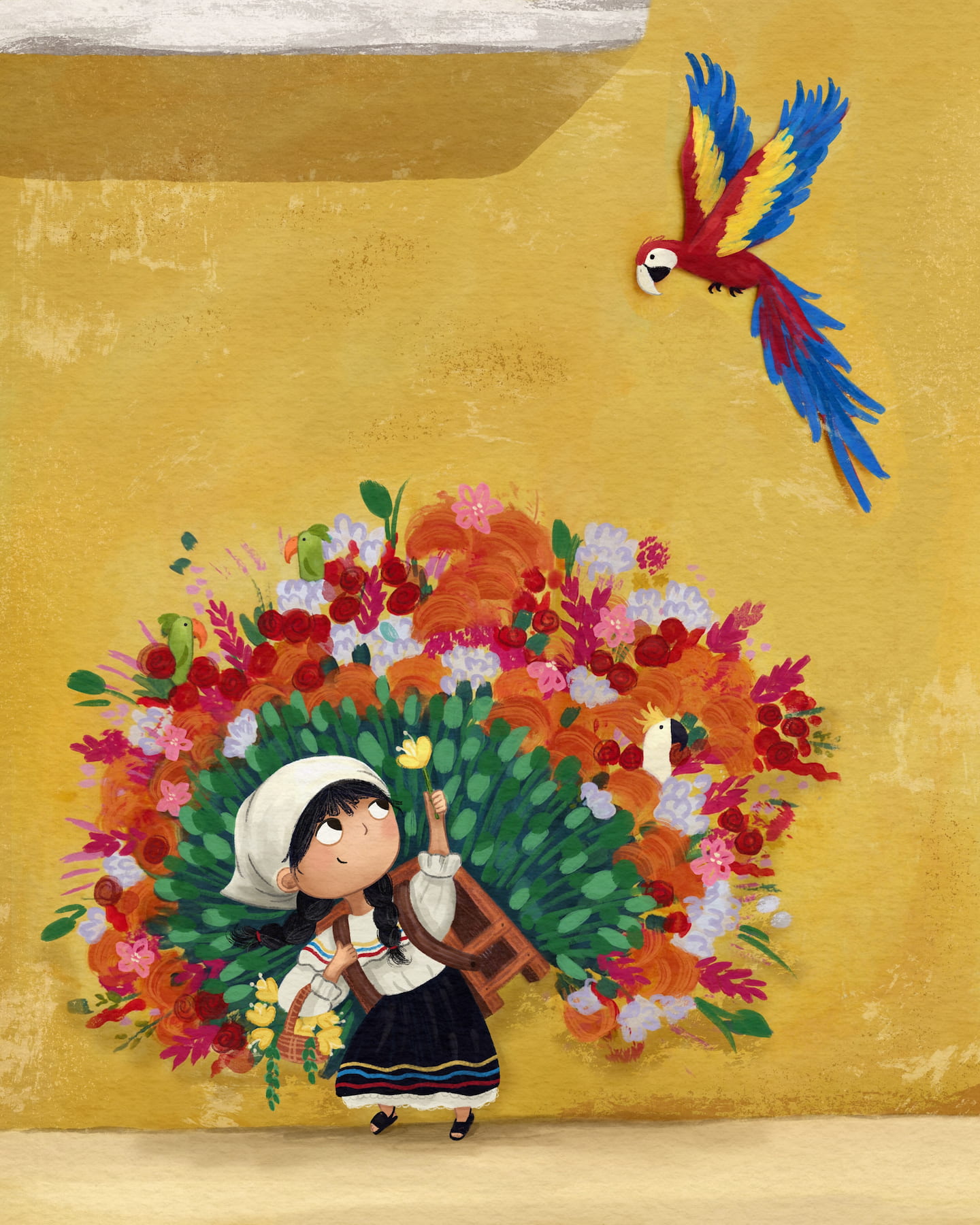 A farm girl carrying a basket of flowers on her back while offering a flower to a flying macaw.