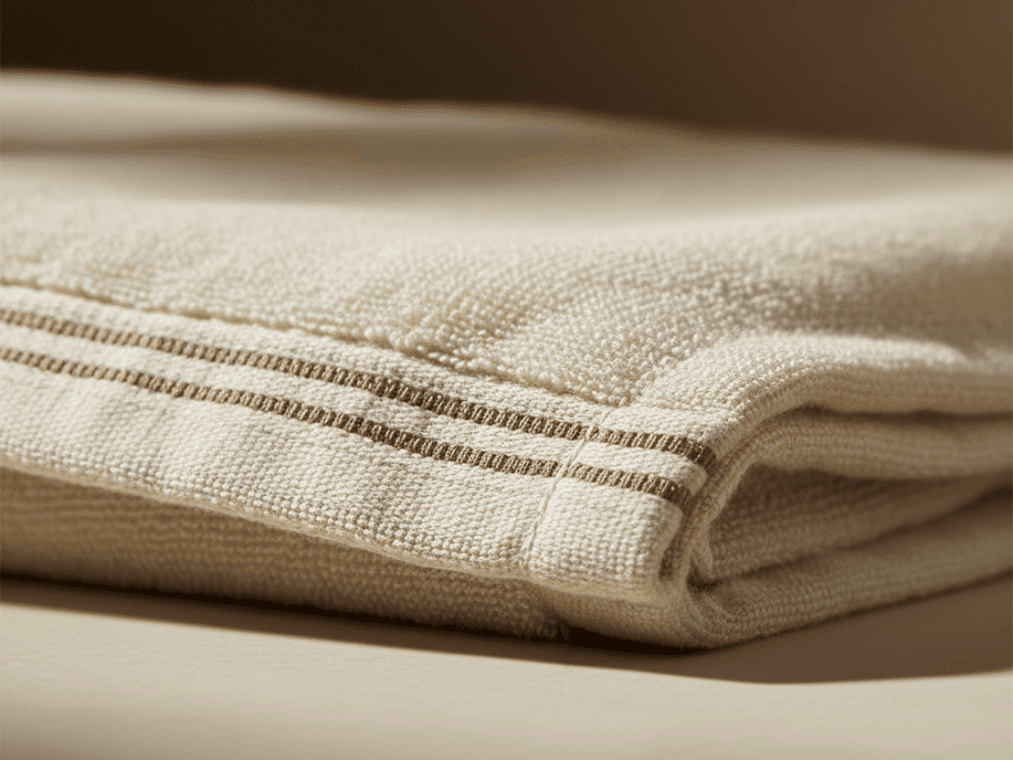 Close-up of a folded hotel towel hem showing reinforced double-stitching for durability