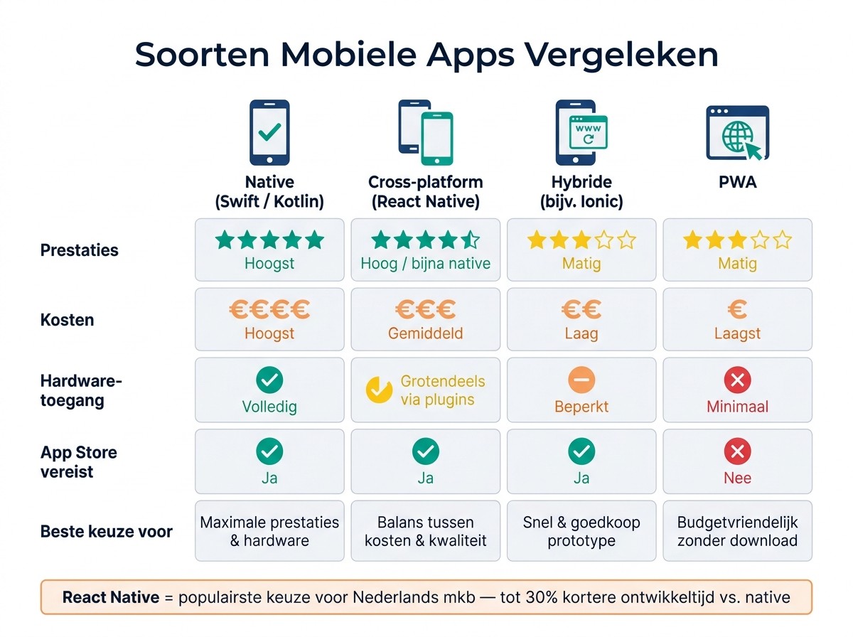 Soorten Mobiele Apps Vergeleken: Native vs Cross-Platform vs Hybride vs PWA