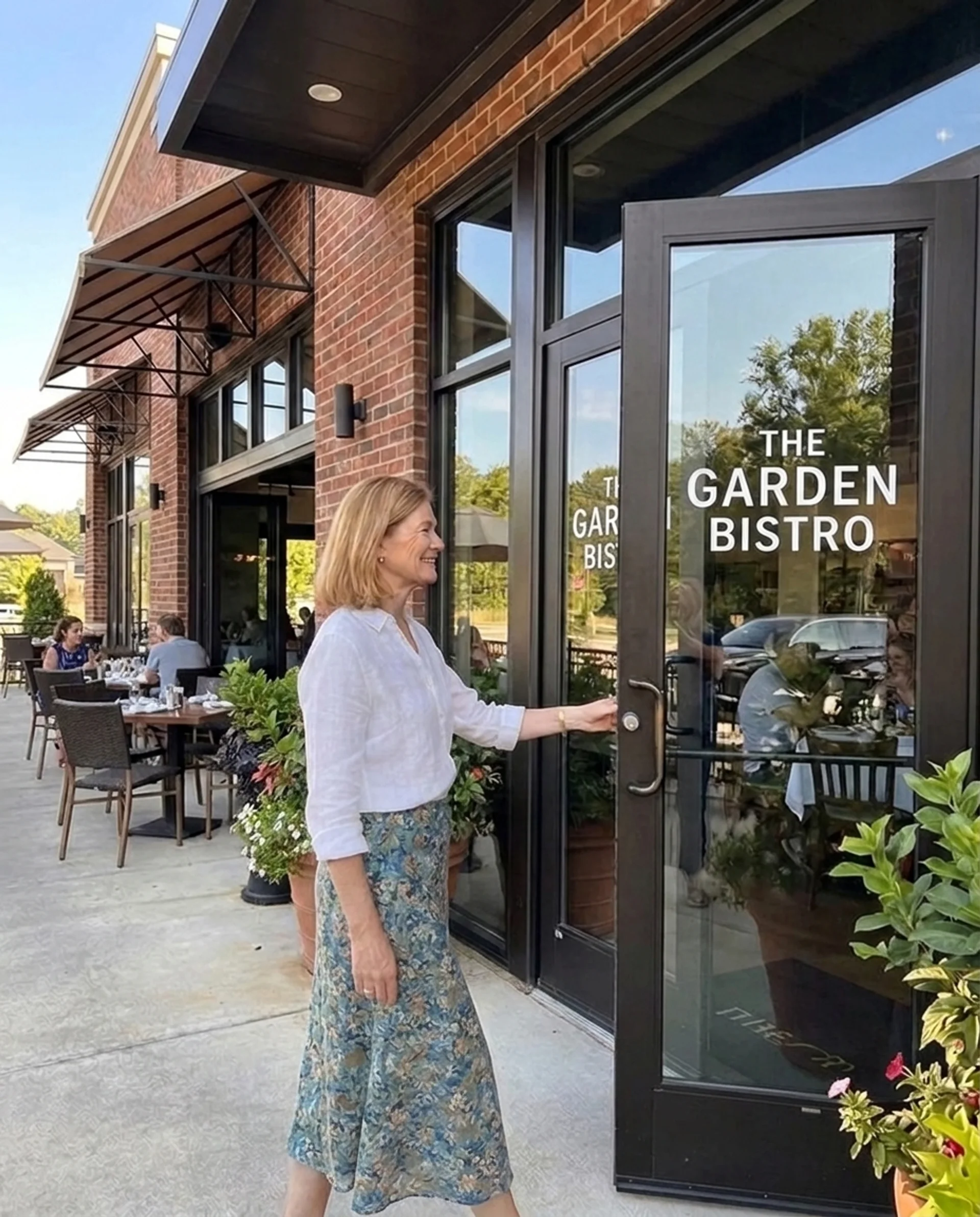Susan walking into restaurant, evening