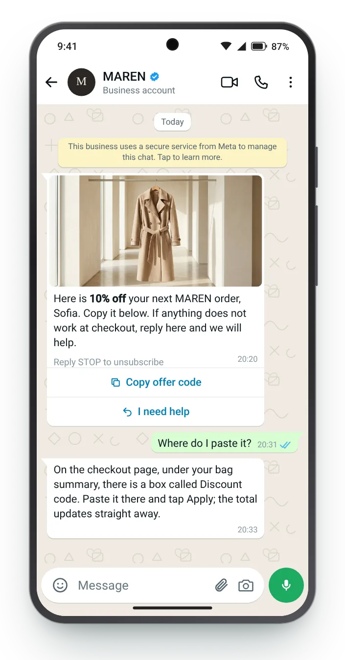 Help at the checkout box: WhatsApp coupon code message on an Android phone