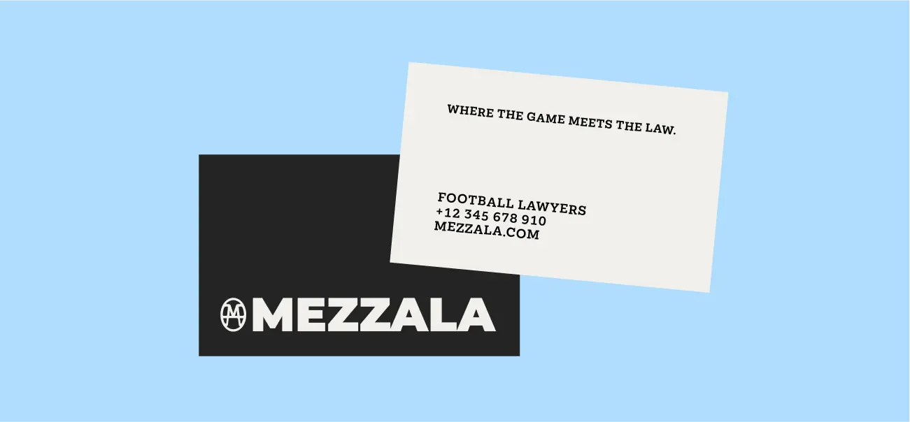 Minimalist business card mockup for Mezzala showing contact details and the slogan "Where the game meets the law" on a sky blue background.