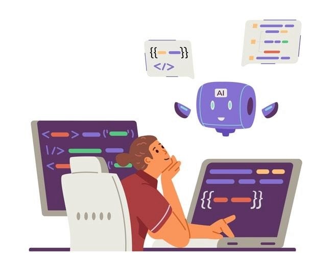 The image depicts a professional video interview setup featuring multiple screens displaying lines of JavaScript code and technical discussions, ideal for showcasing the expertise of node.js developers in a collaborative environment. This setup highlights the importance of seamless communication and technical skills essential for software development and project management in today's digital transformation landscape.