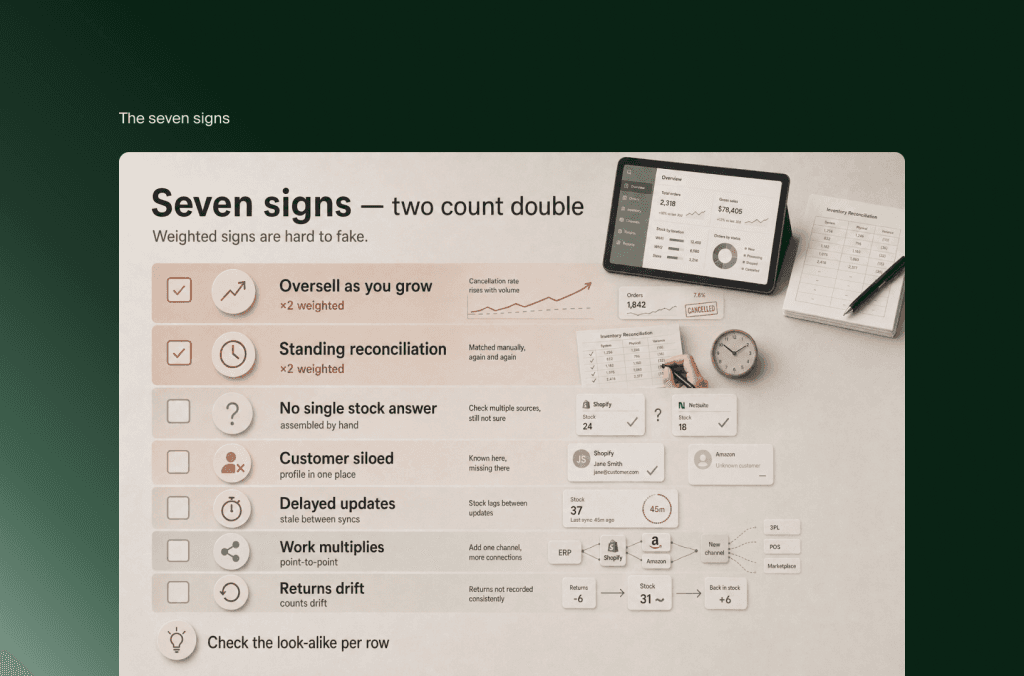 Checklist infographic of seven signs of disconnected systems, two of which count double