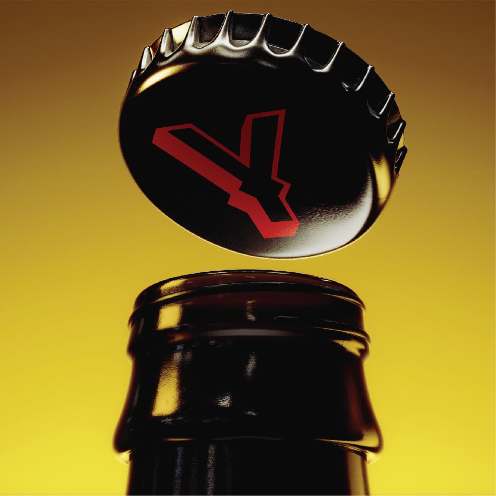 Black bottlecap floating above the lid of a bottle, featuring a red Yeehop 'Y' letter mark on a yellow background.