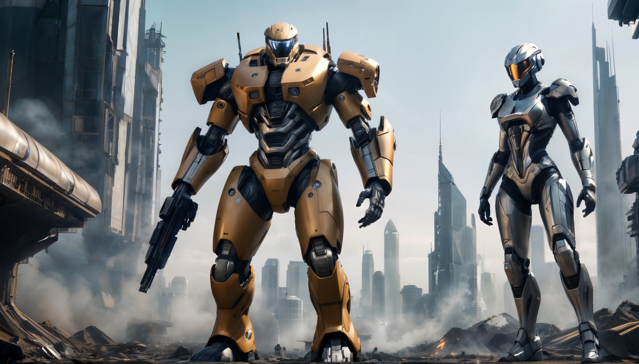 Two futuristic sci-fi robots posed in front of an urban warzone, one is big, burly, and clad in amber and black armour, and wields a firearm, the other is slender and feminine, and clad in chrome and black armour.
