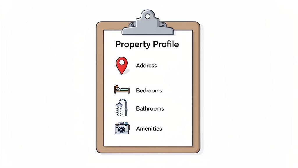 A cartoon image of a property profile checklist on a clipboard, showing address, bedrooms, bathrooms, and amenities.