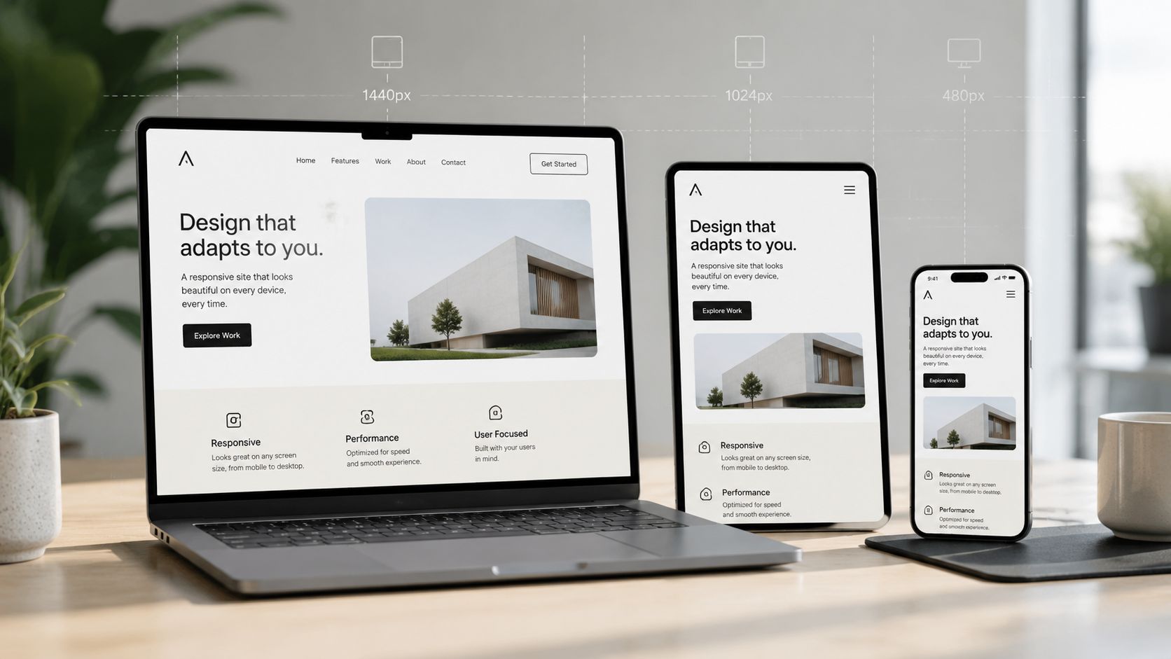 Eksempel på responsivt webdesign vist på en bærbar computer, en tablet og en smartphone på et skrivebord.