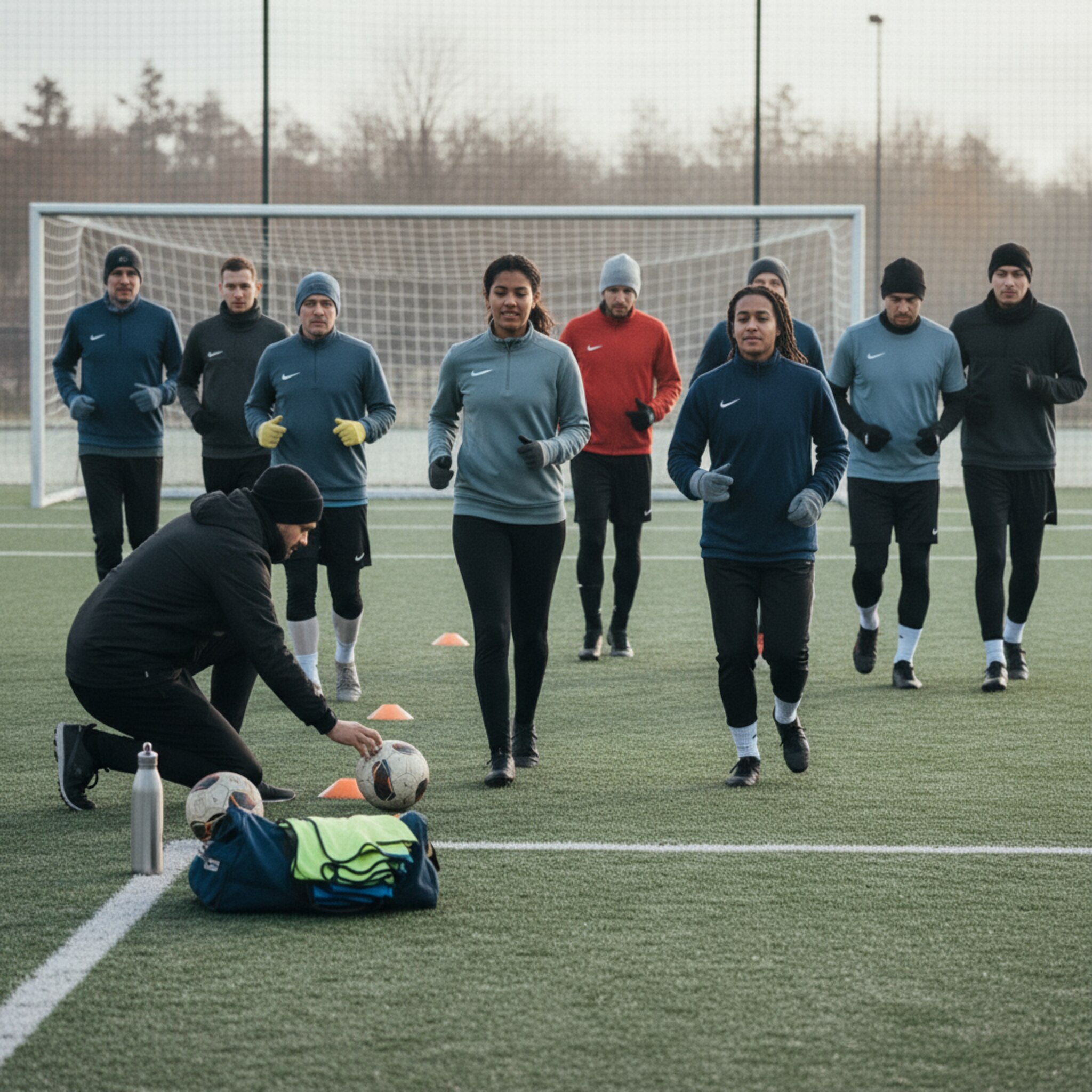 Auf dem Kunstrasen wärmt sich eine Gruppe Fußballer mit Laufübungen auf. Atemwolken stehen in der kühlen Luft, die Linien leuchten klar. Ein Kapitän klatscht seinem Mitspieler zu, während der Trainer Hütchen versetzt. Am Rand liegen Leibchen und Bälle bereit, das Tor wartet still im Morgenlicht.