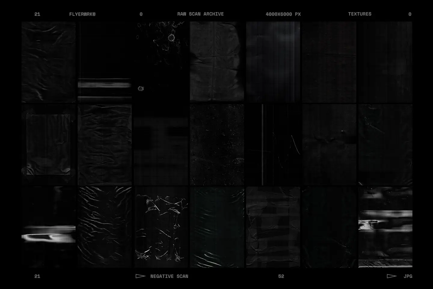 Raw Scan Archive pack overview showing various dark plastic and translucent material scans with scan lines