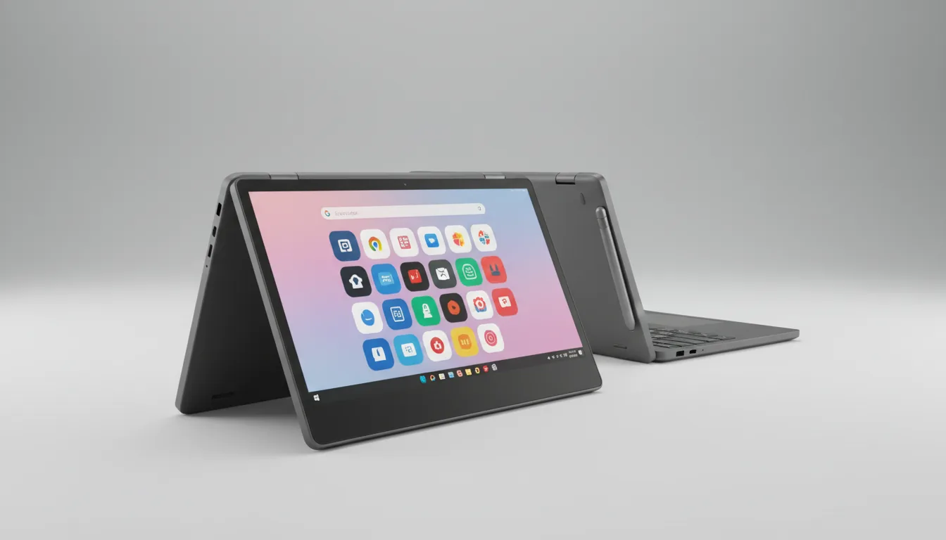 Commercial product photography of two dark gray convertible Chromebooks on a seamless light gray studio background. The foreground laptop is in tent mode, screen facing forward, displaying the ChromeOS app launcher with a grid of colorful circular UI icons on a soft pink and purple gradient wallpaper. The background laptop is partially open and slightly out of focus, with a stylus visible in its side port. DSLR shot, soft studio lighting, sharp focus on the foreground device, matte metallic texture.
