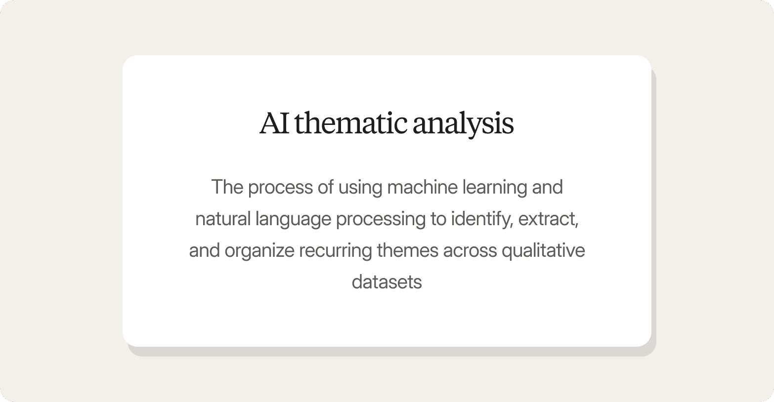 Definition card for "AI thematic analysis": the process of using machine learning and natural language processing to identify, extract, and organize recurring themes across qualitative datasets.