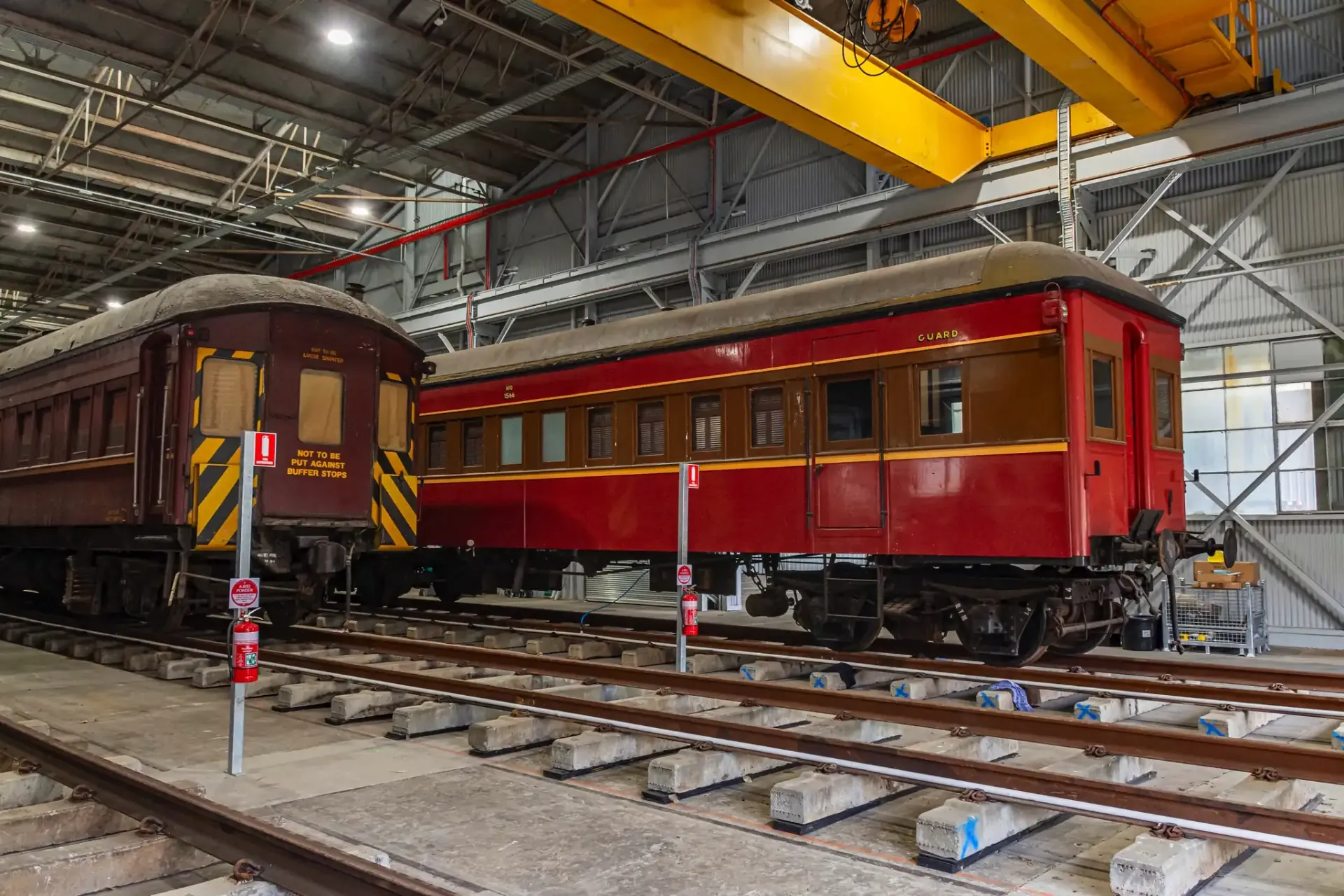 Carriages stored inside the Tank Annex at the Chullora Heritage Hub
