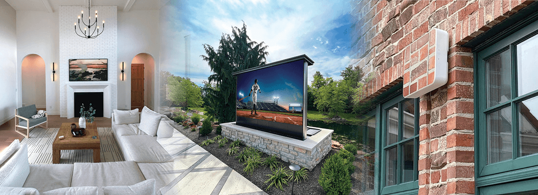 Composite of luxurious interior, outdoor screen, and brick wall scene.