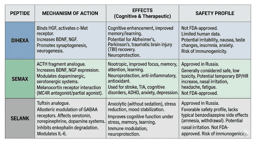 Nootropic peptide comparison chart Dihexa Semax Selank mechanisms and effects