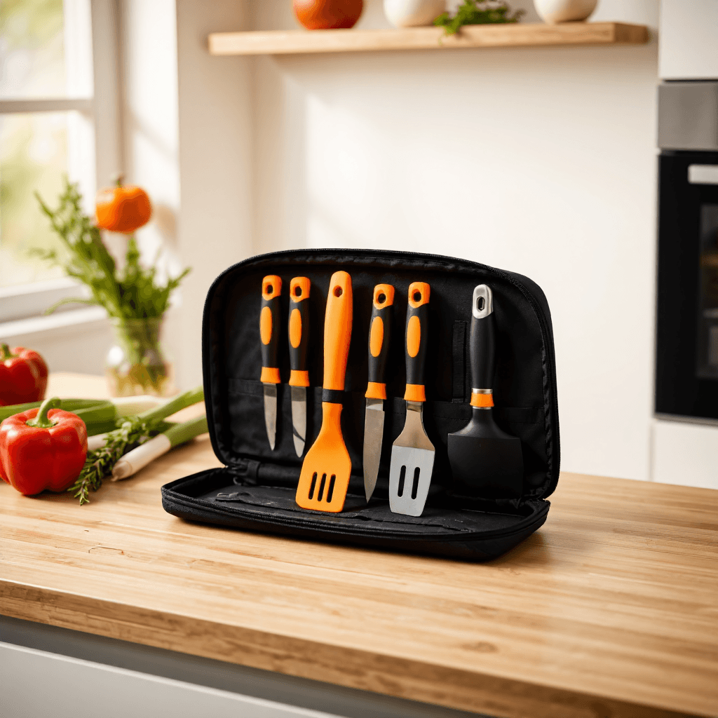 product photography of a set of cooking utensils in a carrying case