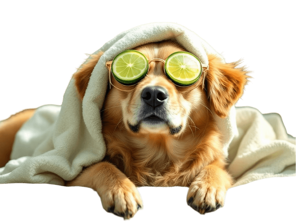 A dog wearing lime slices over its eyes as a spa treatment because Scoops McGee is a stress free service to keep the yard Poop Free