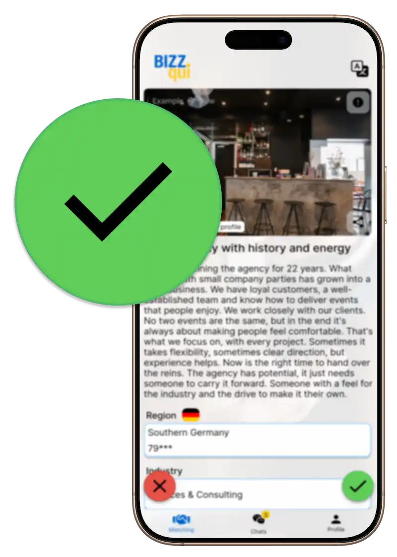 BIZZqui app matching view: find compatible businesses to buy and sell by industry, location and purchase price