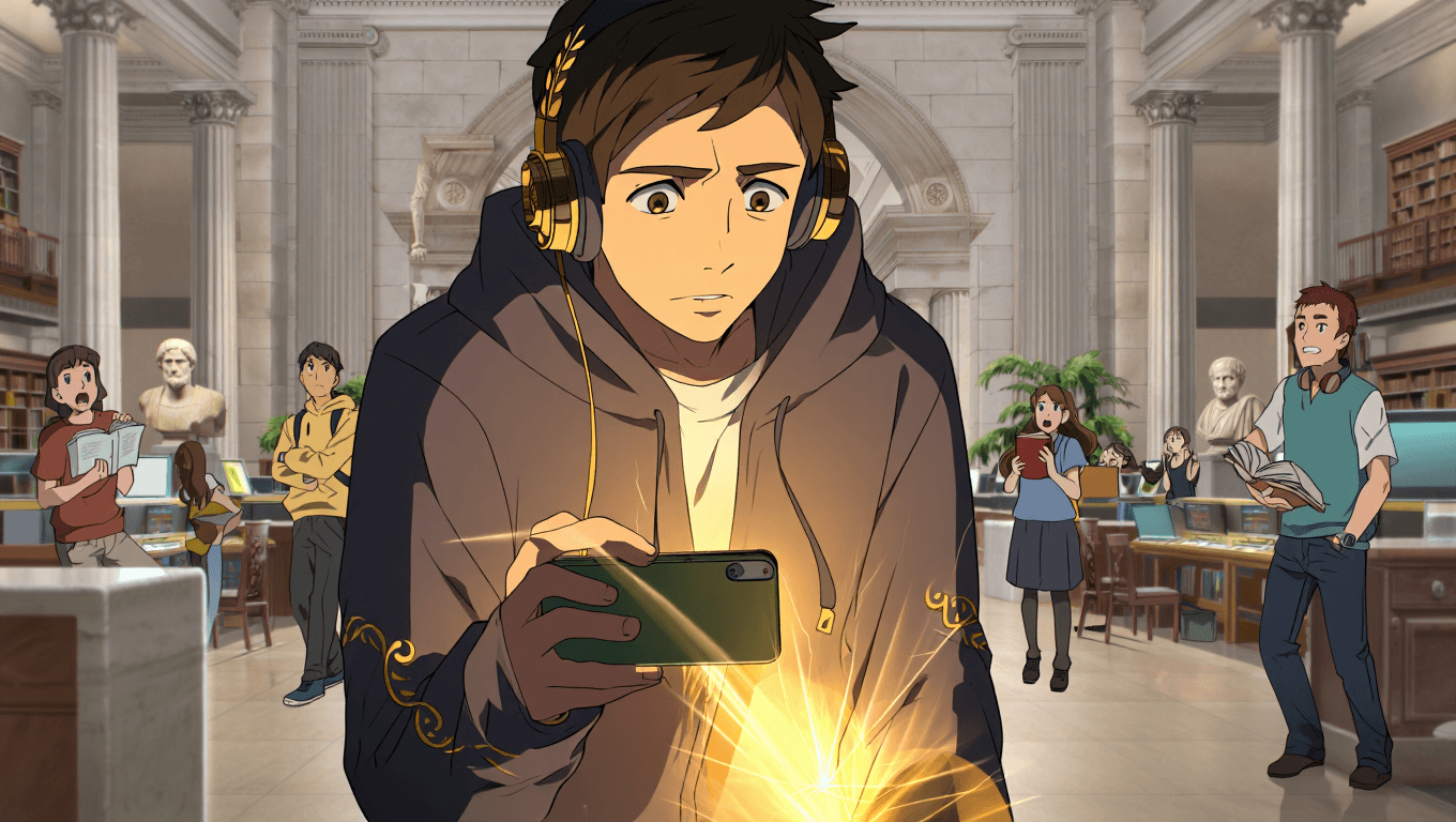 An epic and highly detailed cinematic anime frame blending modern university library design with ancient Greek classical elements, featuring a student in a toga-hoodie holding a glowing phone, with shocked classmates in a bright contemporary university library.