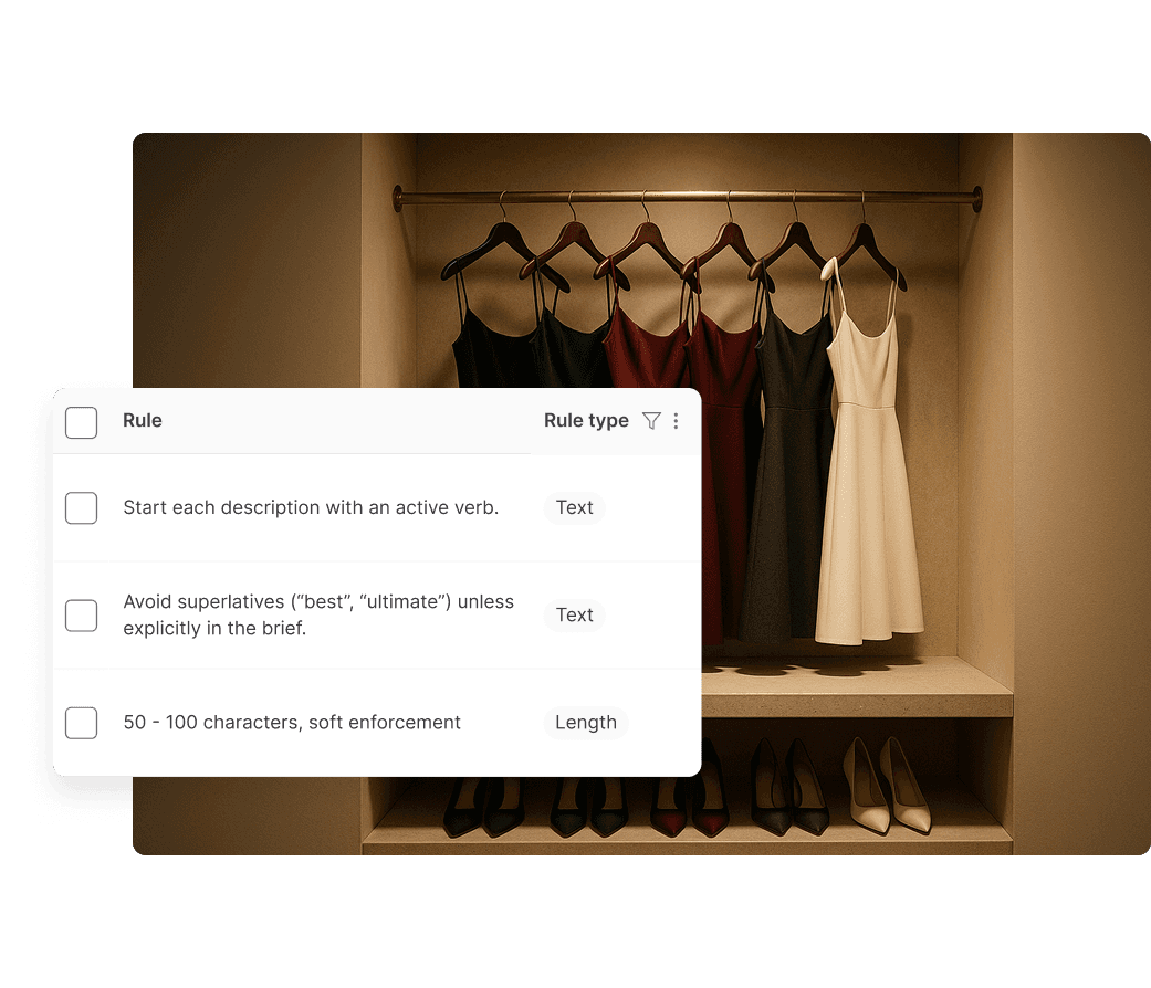 A row of elegant dresses in varying colors, including black, red, and white, is neatly displayed on a wooden rack above a shelf lined with pairs of high-heeled shoes; a pop-up window shows text with different writing rules for a language tool.