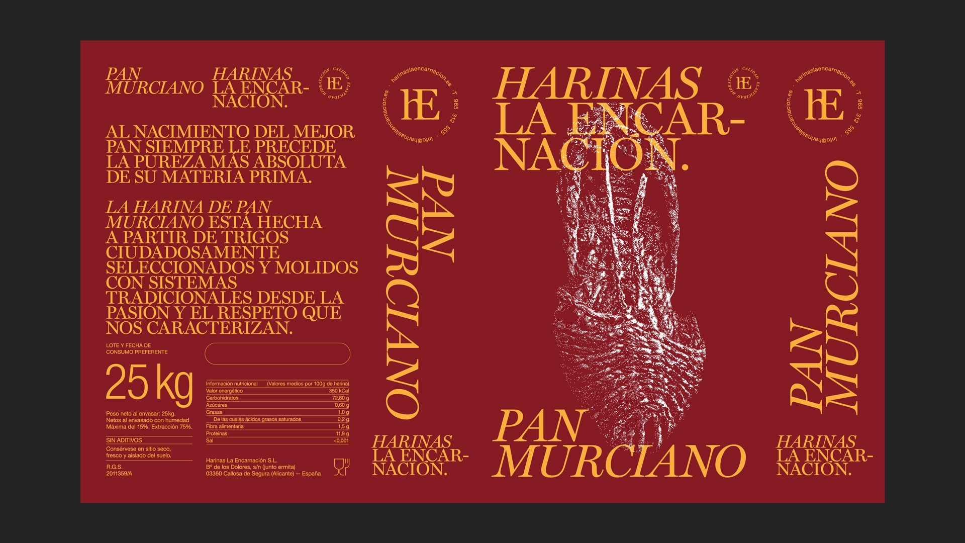 Packaging layout for Harinas La Encarnación Pan Murciano flour bag with product text and nutrition table.