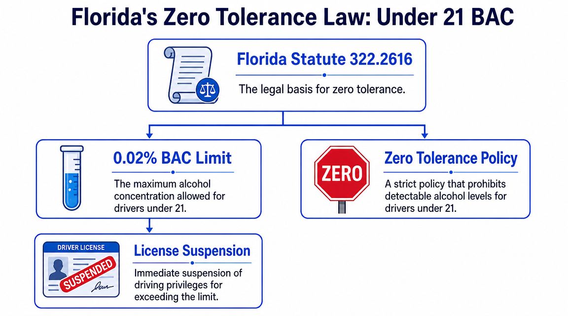 A flowchart explaining Florida's Zero Tolerance Law regarding Blood Alcohol Content (BAC) for drivers under 21 years old.
