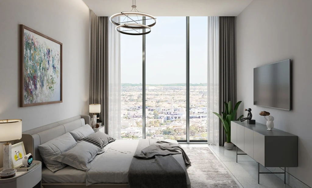 A well-lit bedroom with a large bed and expansive window, highlighting the modern aesthetics of Sobha Verde.