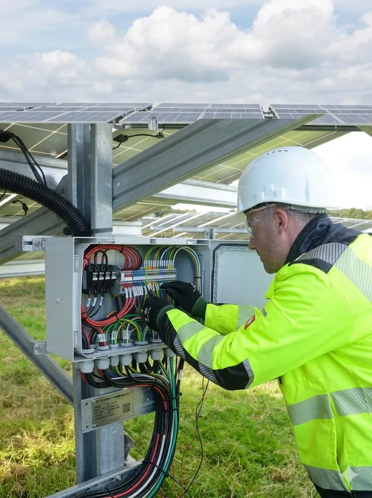 A worker in a hard hat and bright jacket inspects electrical equipment in a solar panel installation.