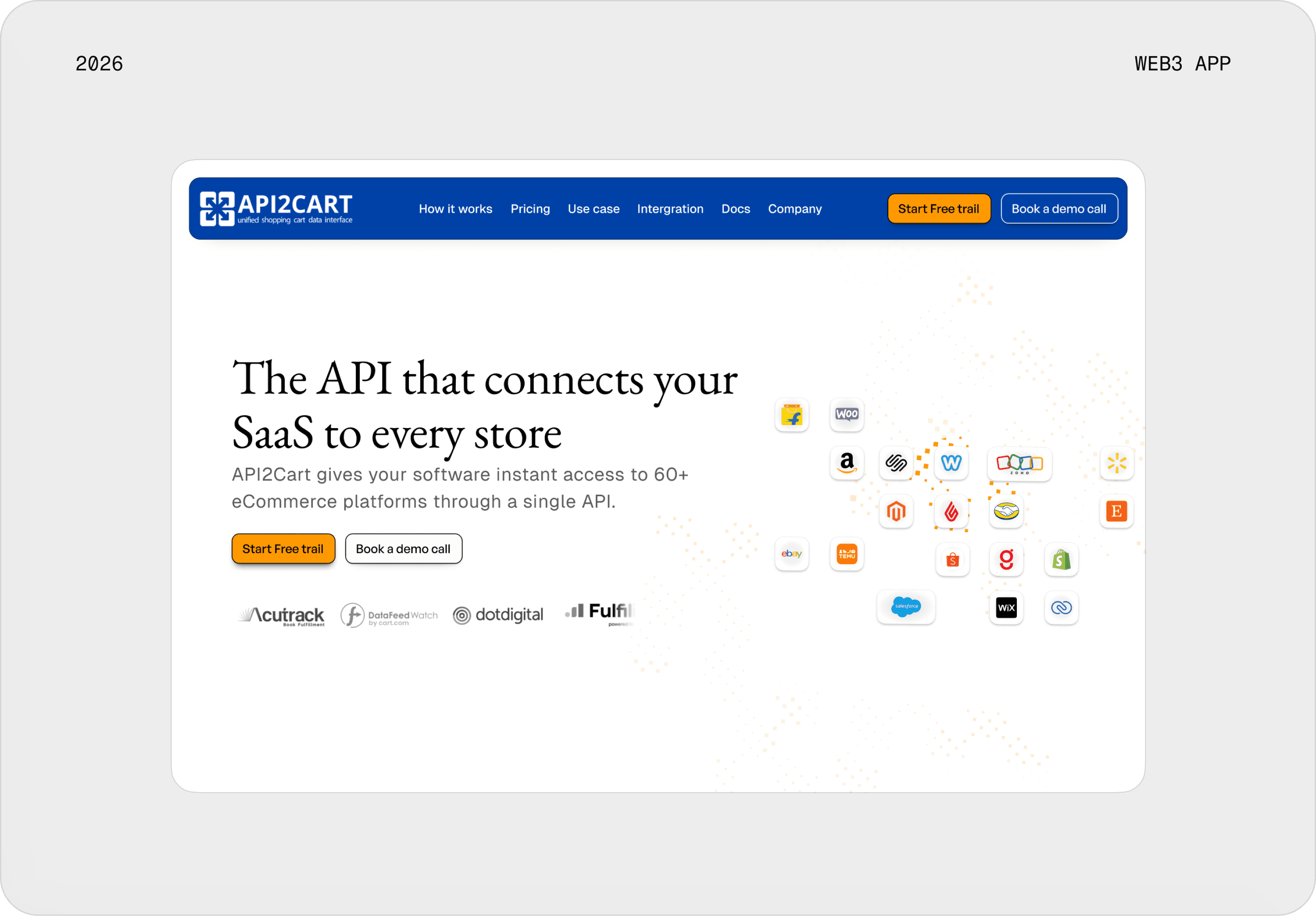 API2Cart landing page hero showing integration logos for major e-commerce platforms and a headline about connecting SaaS to every store