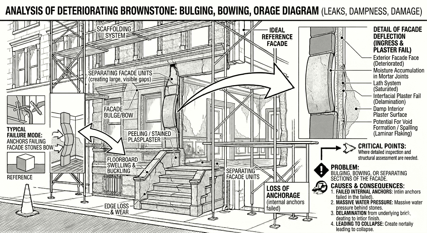 analysis diagram of brownstone bulging, bowing and orage damages on a brownstone facade