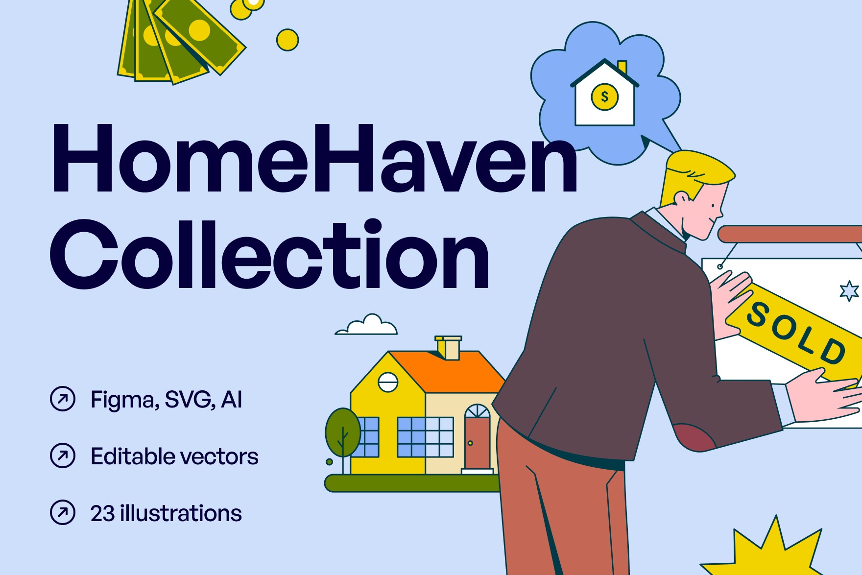 Overview of the HomeHaven Collection, a set of illustrations portraying the journey and emotions of homebuying. Varied scenes capturing key milestones and emotions in homeownership. Ideal for real estate projects and designs focused on the home buying experience, scalable vector format for seamless integration.