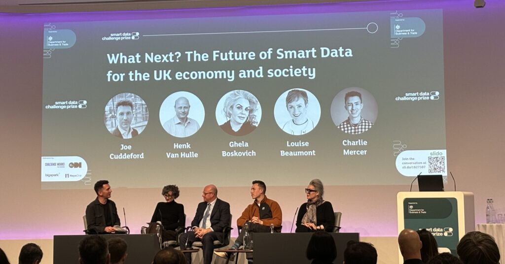 Image of the panel at the Smart Data Challenge Prize. Panel topic: What's next? The future of smart data for the UK economy and society.