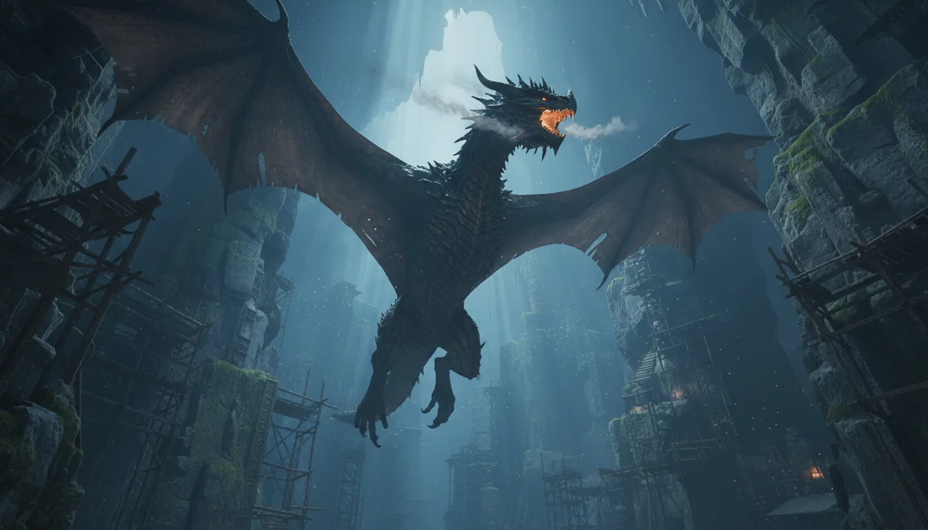 Cinematic 3D render of a massive, dark-scaled fantasy dragon in mid-flight through a deep, rocky cavern, low-angle shot. The dragon has highly detailed, textured scales and vast, leathery wings. The background features ancient, weathered stone cliffs and dilapidated wooden scaffolding. The scene is enveloped in a cool, blue atmospheric haze, with dramatic volumetric lighting creating a moody and epic fantasy aesthetic, Blender style.