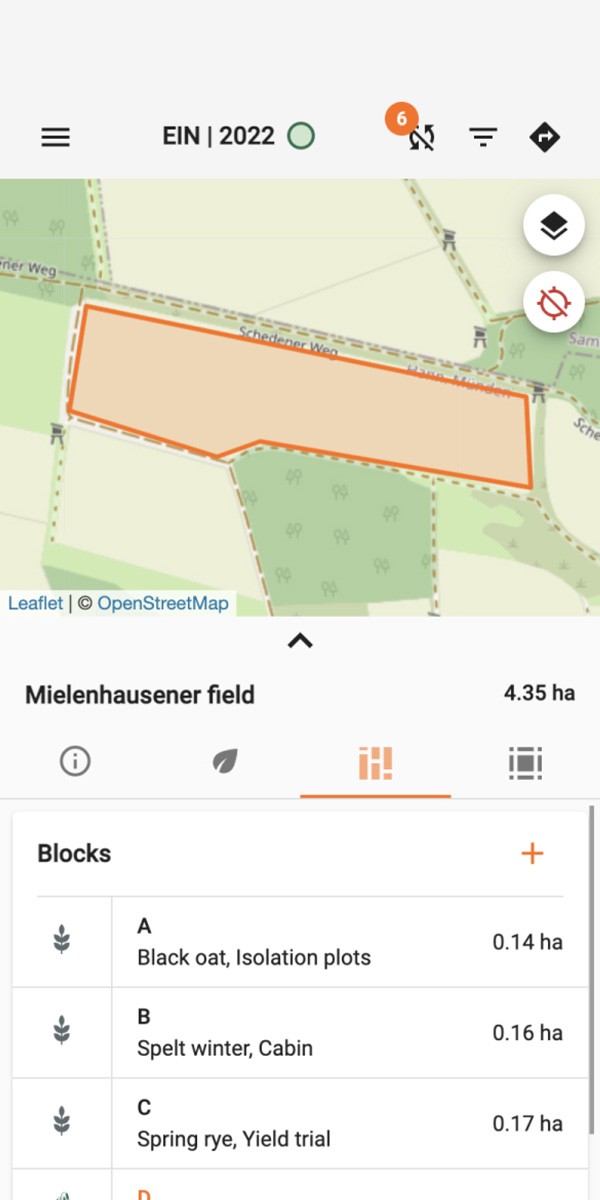 Screenshot of the previous field detail page of the KWS Field Explorer mobile app on smartphone