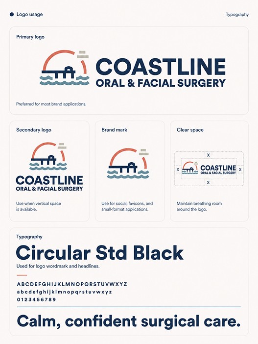 Portrait brand guideline page showing Coastline logo variations, clear space rules, icons, typography, and color swatches.