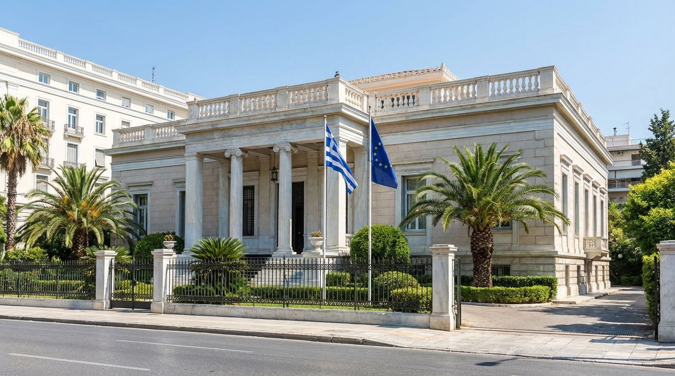 top image showing the Greek Ministry of Social Cohesion and Family or OPEKA offices related to the A21 Child Benefit platform