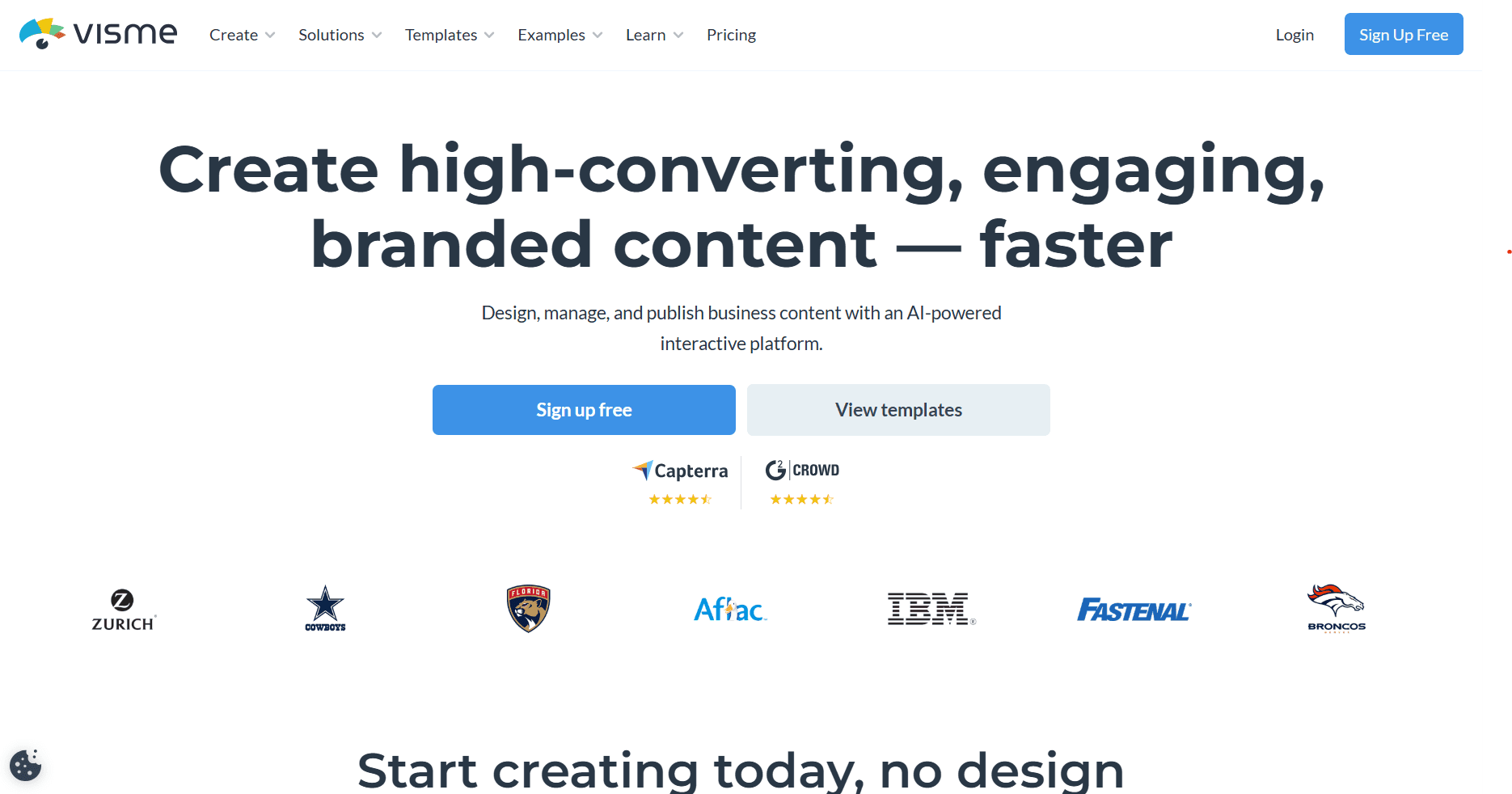 Homepage screenshot of Visme featuring the headline “Create high-converting, engaging, branded content — faster” with buttons to sign up or view templates.