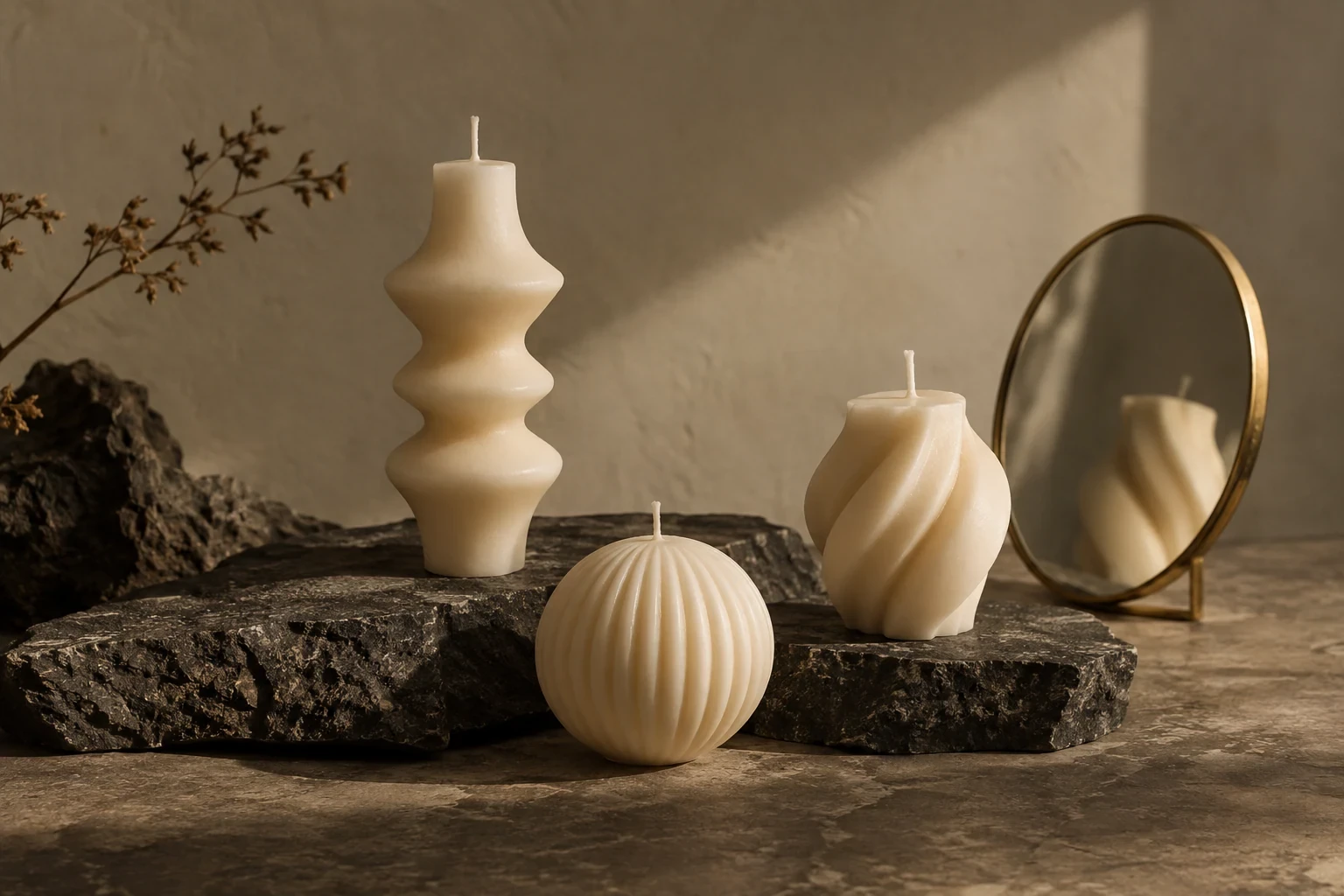 Three original sculptural cream beeswax candles on rough dark stone slabs beside a small round brass mirror, warm taupe light