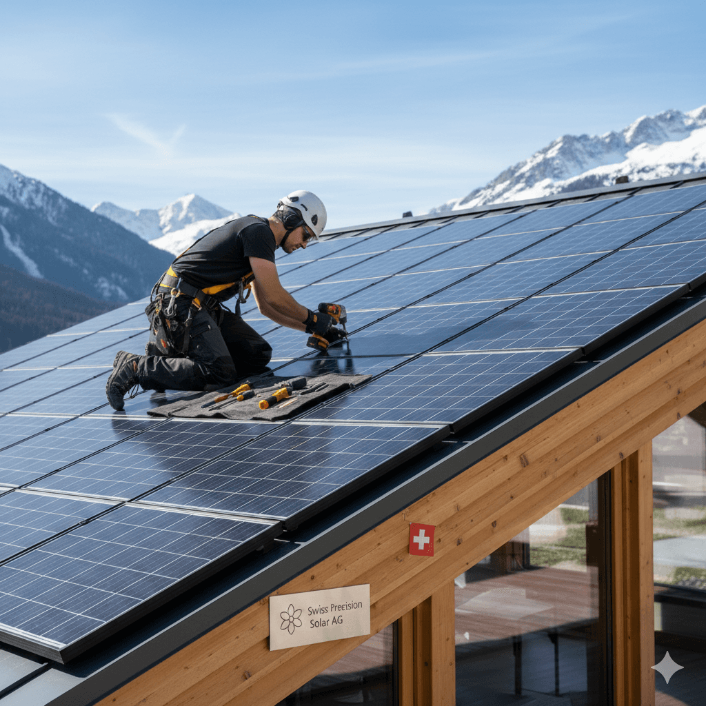 Installation einer Photovoltaikanlage auf einem Hausdach in den Schweizer Alpen für nachhaltige Energiegewinnung.